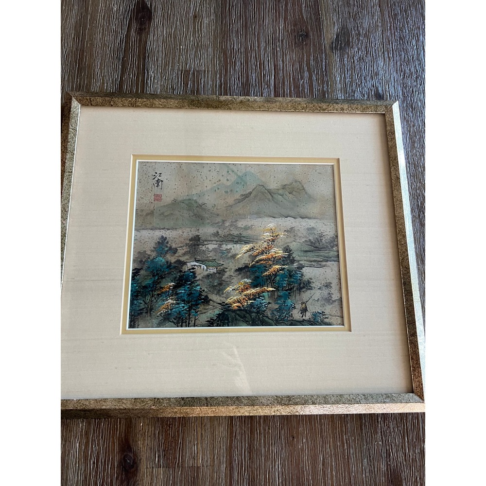 Vintage Chinese Landscape Painting Signed Framed Gold Mountain Scene Art 16x13